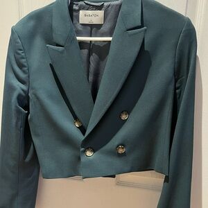 Aritzia Babaton Green Double-Breasted Cropped Wool Blazer